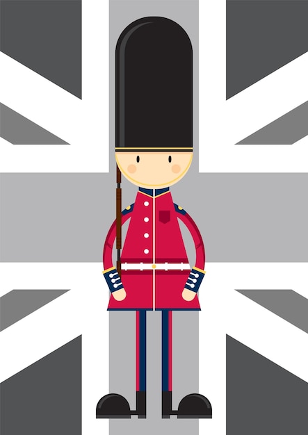 Cute Cartoon British Beefeater Royal Guard on Union Jack Flag Background