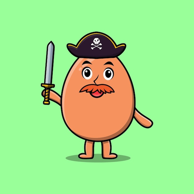 Cute cartoon brown cute egg pirate holding sword