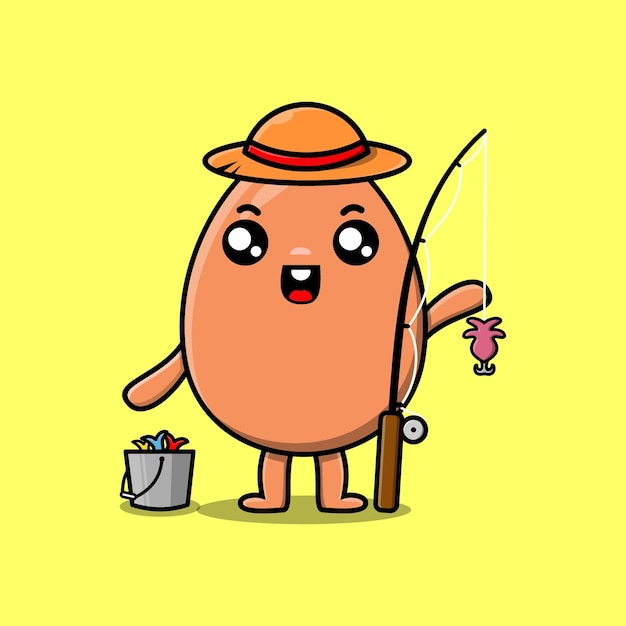 Cute cartoon brown cute egg ready fishing