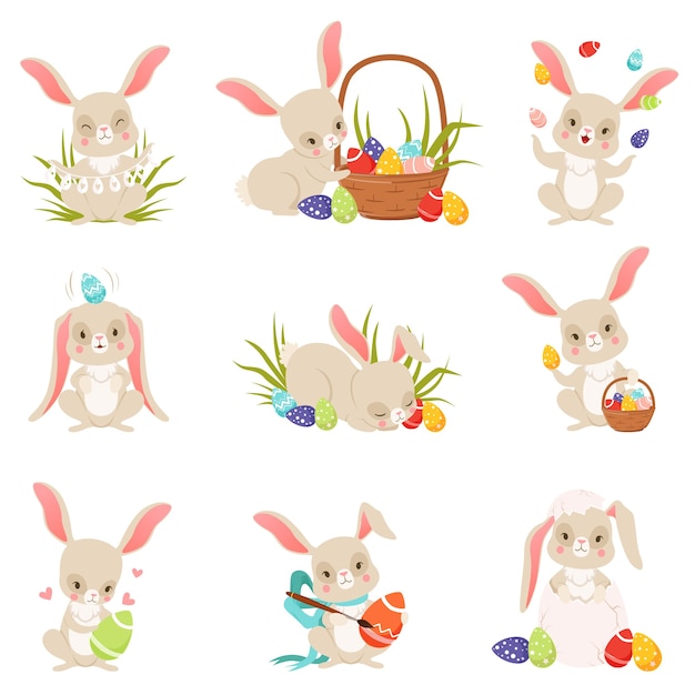 Cute cartoon bunnies holding and eggs set