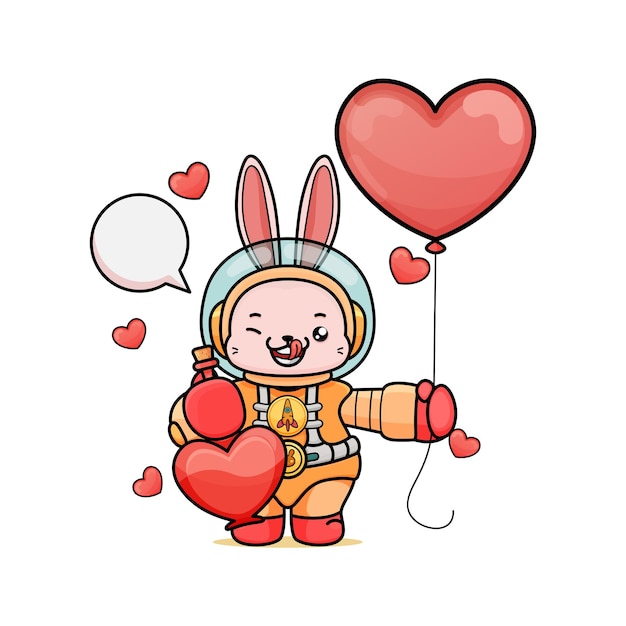 cute cartoon bunny in astronaut costume holding balloon and potion of love for animation