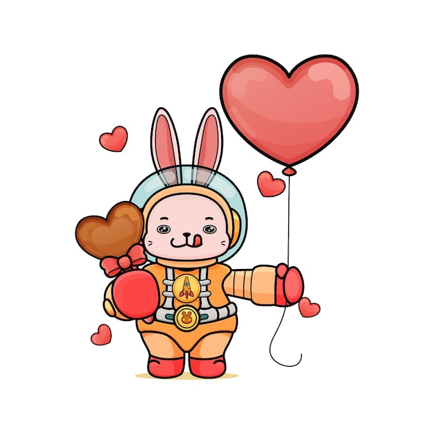 cute cartoon bunny in astronaut costume holding love balloon and chocolate candy for animation