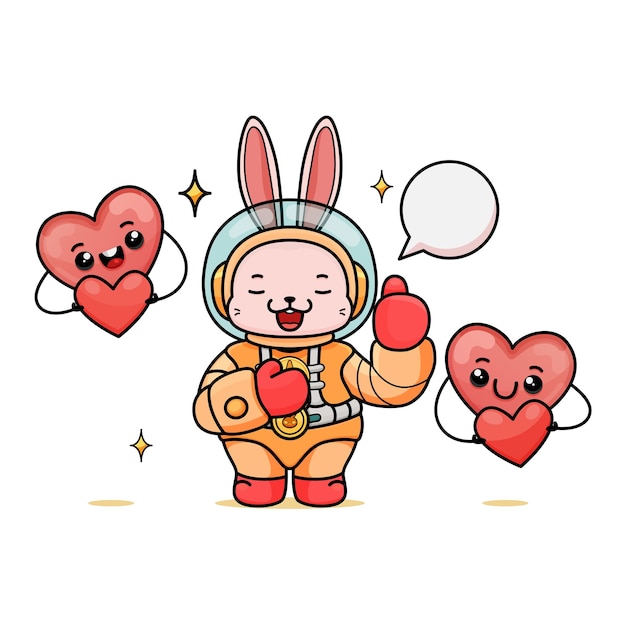 cute cartoon bunny in astronaut with two cute fairy heart costumes and showing ok sign for animation