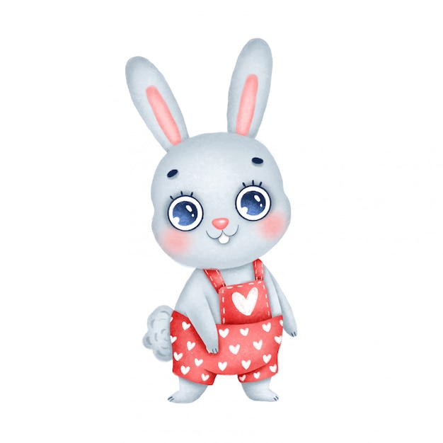 Cute cartoon bunny in red overalls with hearts