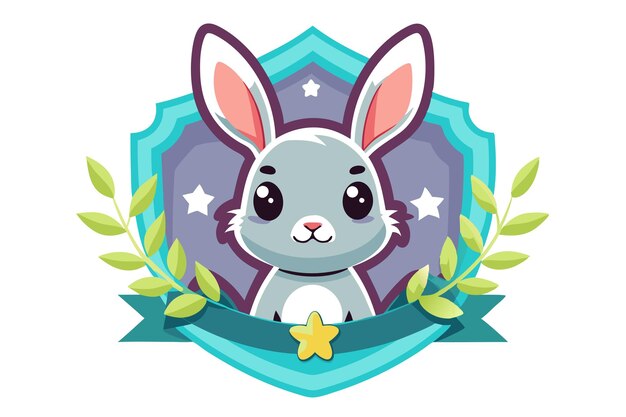 Vector cute cartoon bunny with big eyes in a shield badge