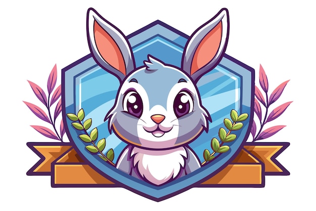 Cute Cartoon Bunny with Large Eyes Inside a Blue Shield