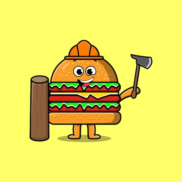 Cute cartoon Burger as carpenter character with ax and wood in flat modern style