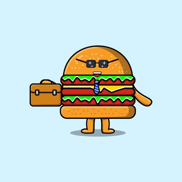 Cute cartoon Burger businessman character holding suitcase illustration