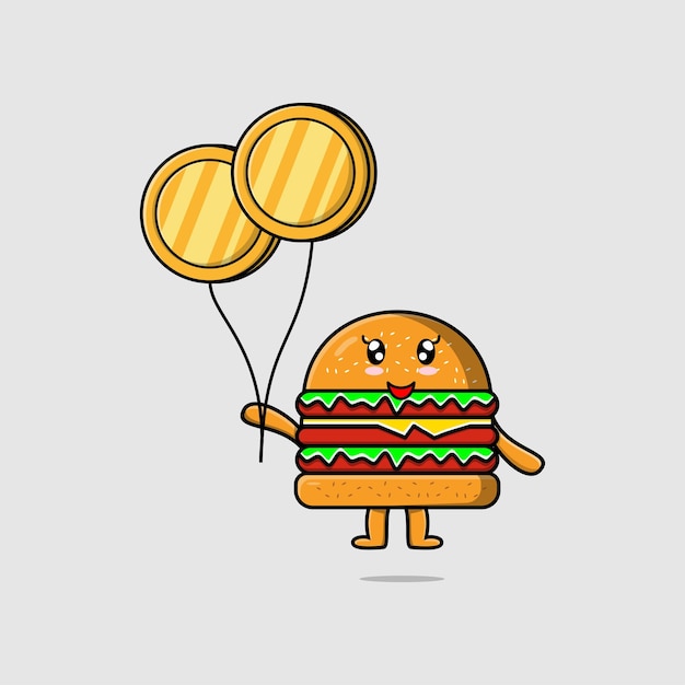 Cute cartoon Burger businessman floating with gold coin balloon cartoon vector illustration