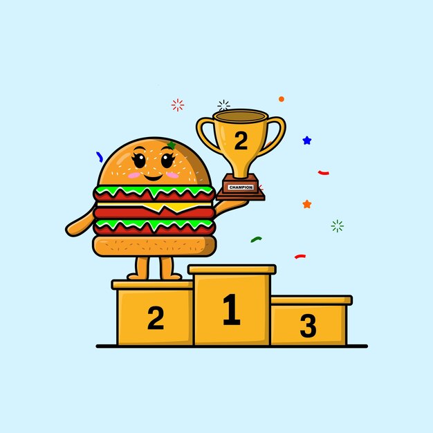 Cute cartoon Burger character as the second winner with happy expression in modern illustration