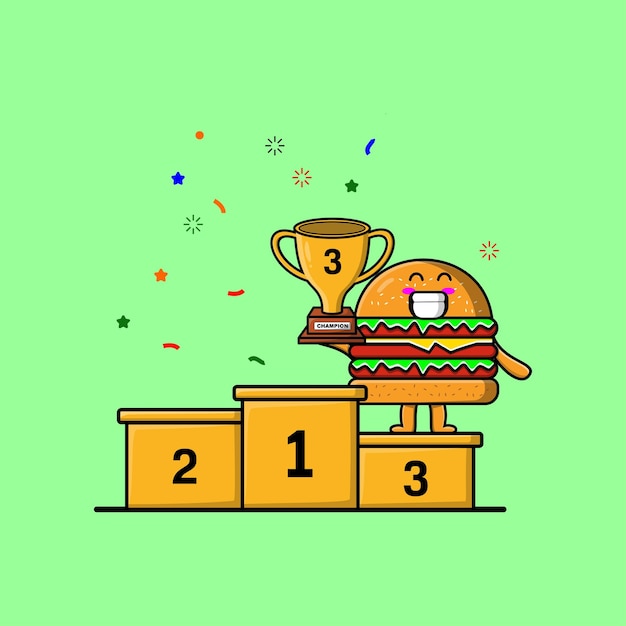 Cute cartoon Burger character as the third winner with happy expression in modern illustration