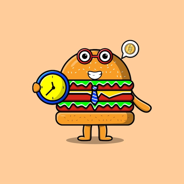 Cute cartoon Burger character holding clock illustration with happy expression