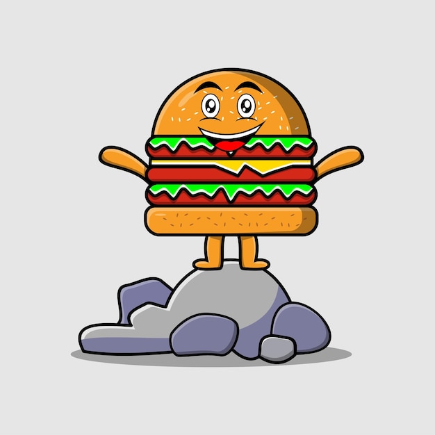 Cute cartoon Burger character standing in stone vector illustration cartoon style