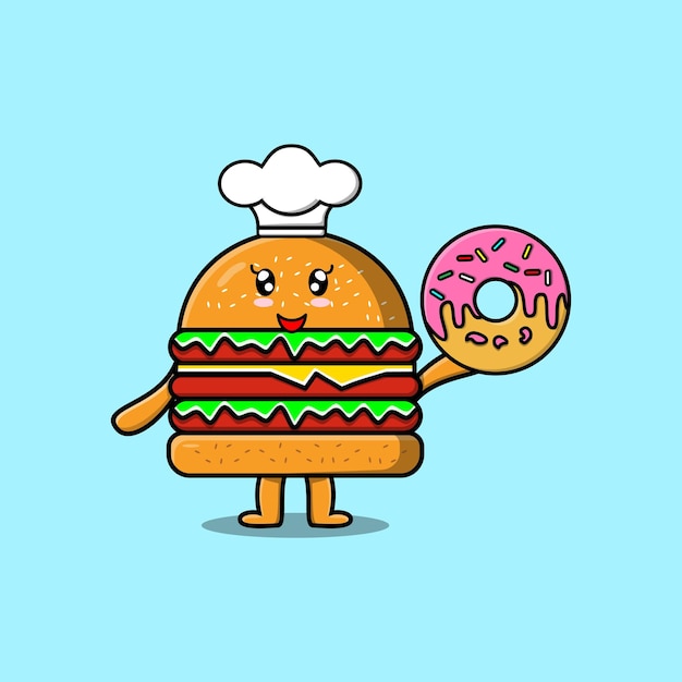 Cute cartoon Burger chef character donuts in flat cartoon style illustration