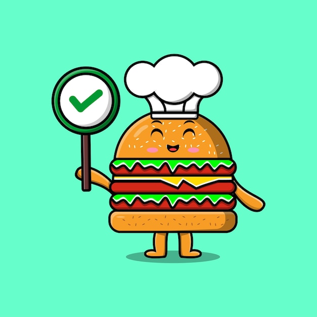 Cute cartoon Burger chef character holding correct sign board in vector character illustration