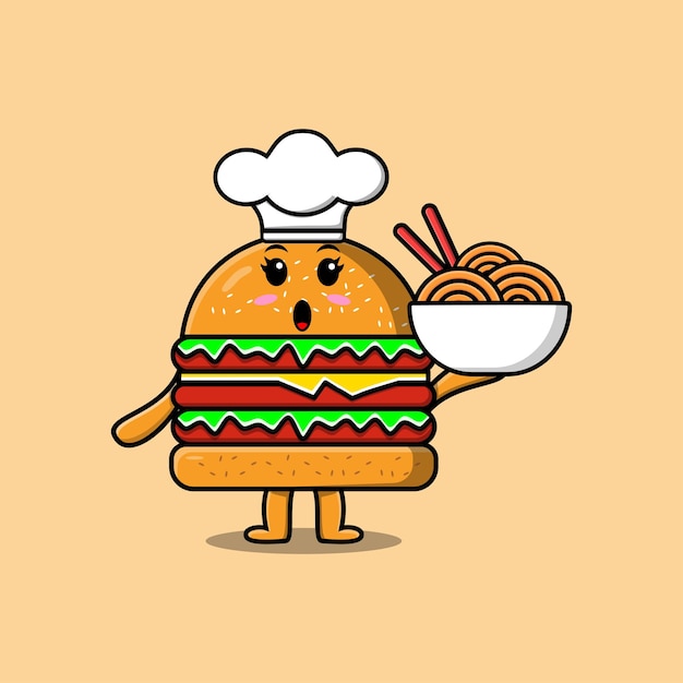 Cute cartoon Burger chef character holding noodles in bowl flat cartoon style illustration