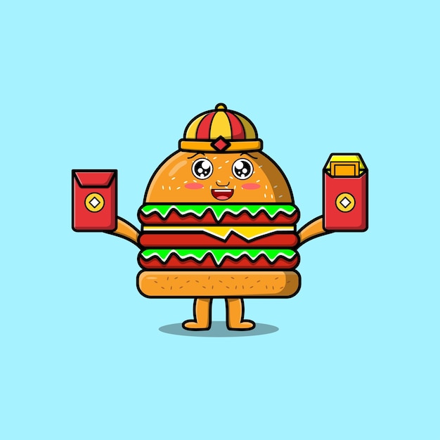 Cute cartoon Burger chinese character holding red packets vector icon illustration