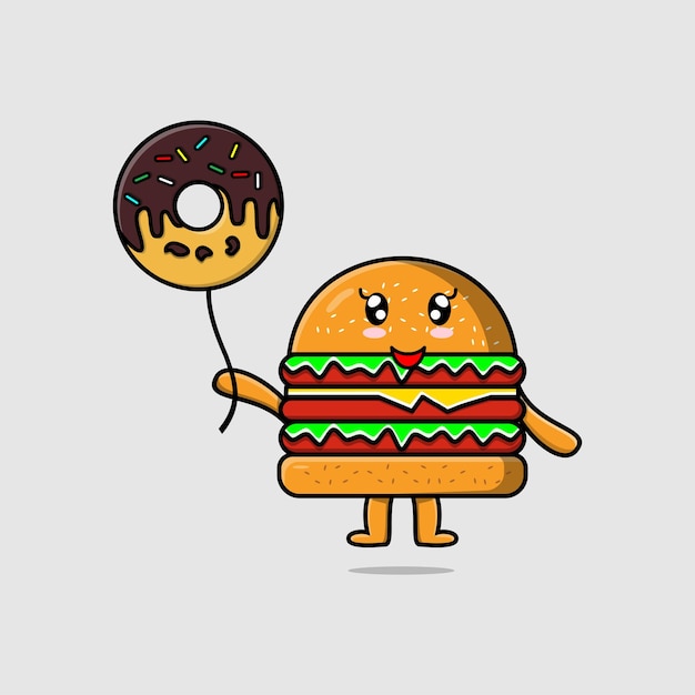 Cute cartoon Burger floating with donuts balloon cartoon vector illustration