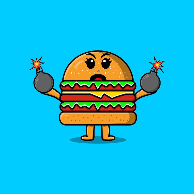 Cute cartoon Burger holding bomb with scared expression in flat modern style design