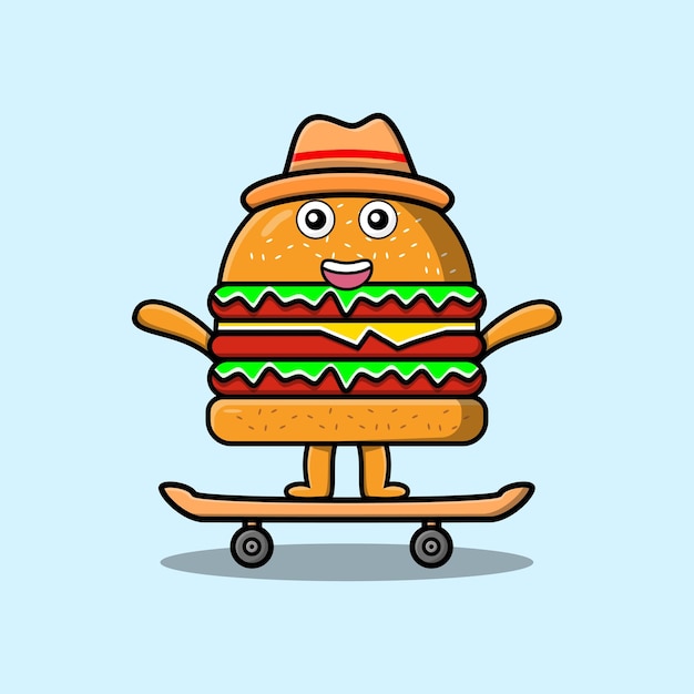 cute cartoon Burger standing on skateboard with cartoon vector illustration style