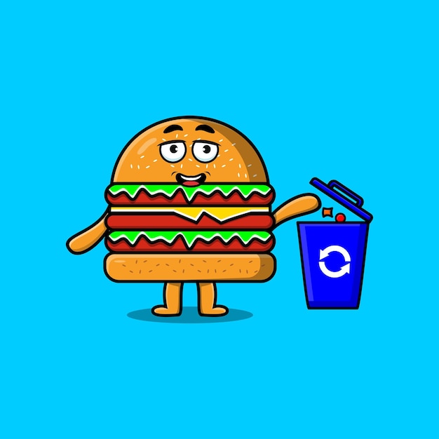 Cute cartoon Burger throwing trash in the trash in flat modern style design illustration