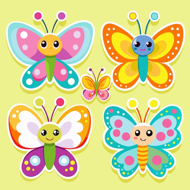 Cute cartoon butterfly stickers with colorful wings big eyes and happy smiles