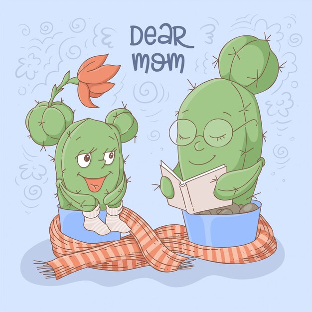 Vector cute cartoon cacti mom and daughter reading