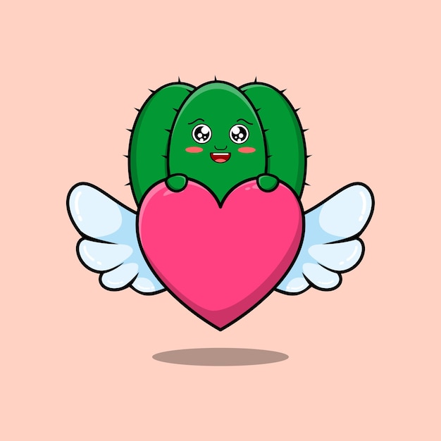 cute cartoon Cactus character hiding heart in flat cartoon style illustration