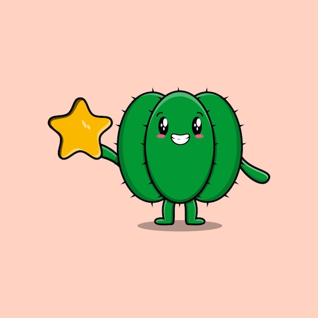 Cute cartoon Cactus character holding big golden star in cute modern style design illustration