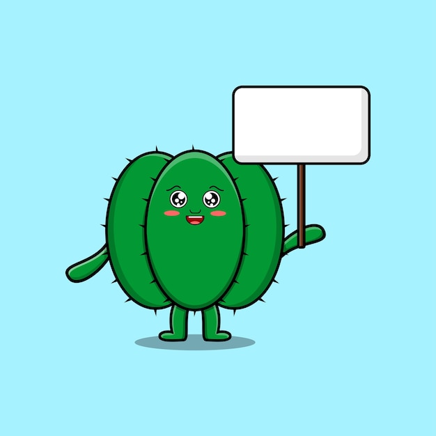 Cute cartoon Cactus character holding blank board in vector concept flat cartoon style illustration