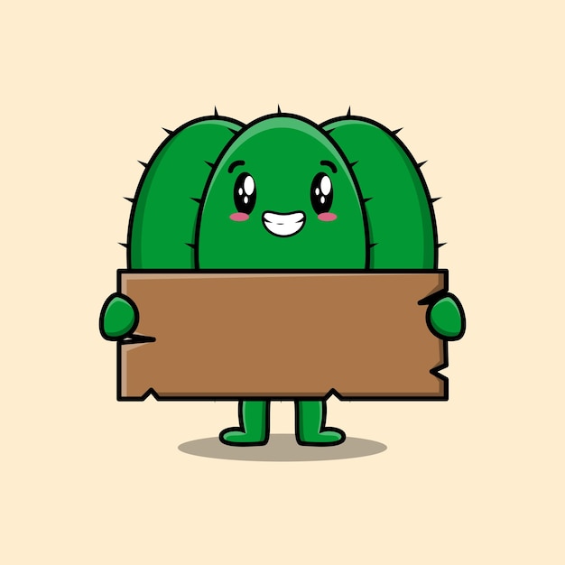 Cute cartoon Cactus character holding blank wooden text board vector icon illustration