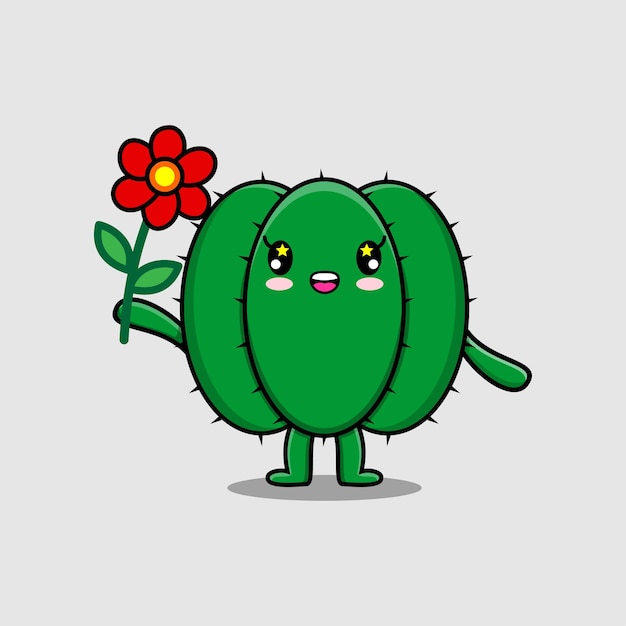 Cute cartoon Cactus character holding red flower in concept 3d cartoon style