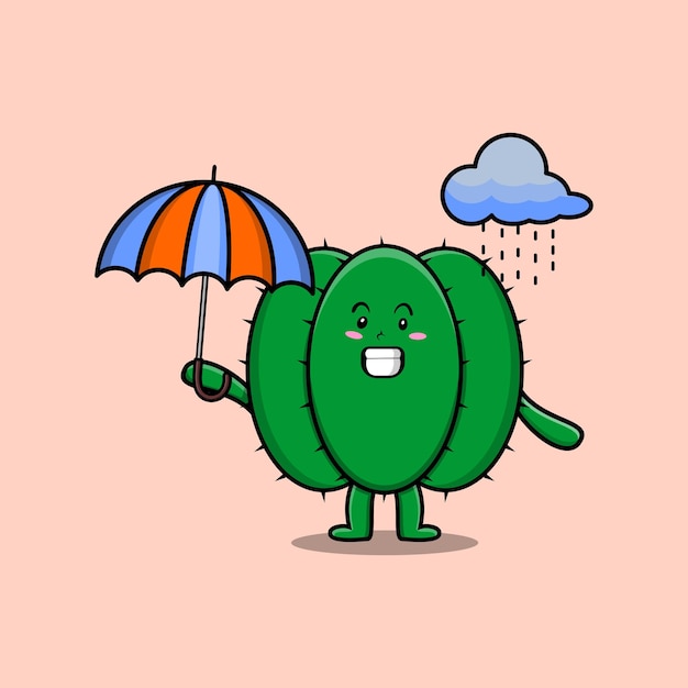 Cute cartoon Cactus character in the rain and using an umbrella in flat modern style design