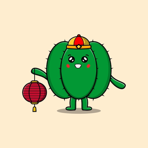 Cute cartoon Cactus chinese character holding lantern in vector icon illustration