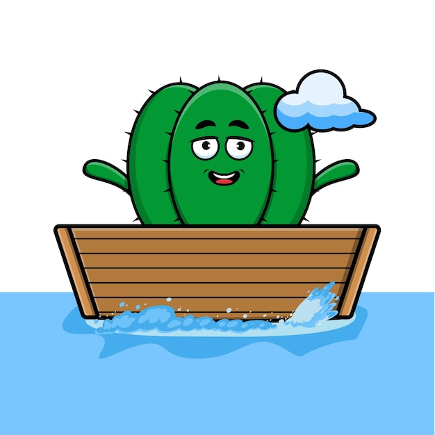 cute cartoon Cactus get on boat in vector character illustration