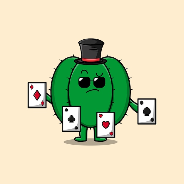 Cute cartoon Cactus magician character playing magic cards in flat cartoon style illustration