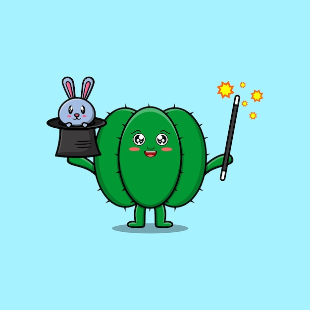 cute cartoon Cactus magician character with bunny character coming out from magic hat