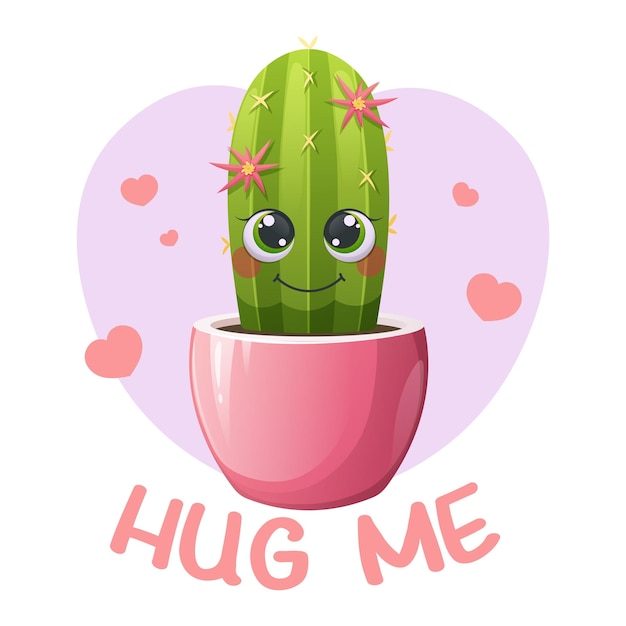 Cute cartoon cactus with big eyes in flower pot and hearts test Hug me Greeting card for lovers friends on Valentine's Day