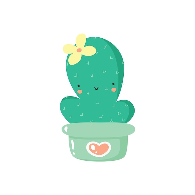 Cute cartoon cactus with kawaii face Hand drawn home plant cactus character with flower