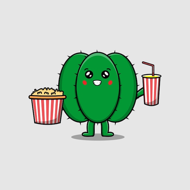 Cute cartoon Cactus with popcorn and drink ready to watching film in cinema