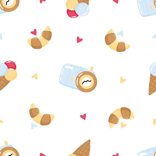 Cute cartoon camera ice cream and croissant vector seamless pattern Funny french doodles