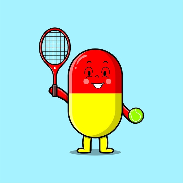 Cute cartoon capsule medicine character playing tennis field in concept flat cartoon style illustrat