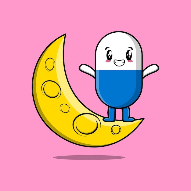 Cute cartoon Capsule medicine character standing on the crescent moon in flat modern design