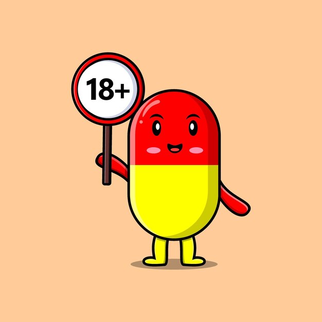 cute cartoon capsule medicine holding 18 plus sign board in vector character illustration