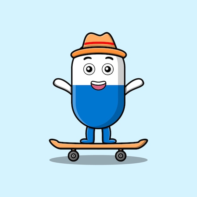 cute cartoon capsule medicine standing on skateboard with cartoon vector illustration style