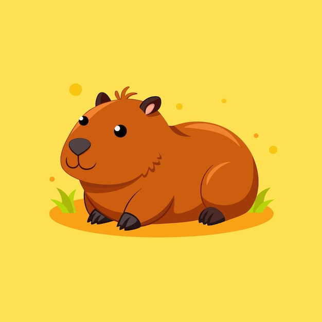 Vector a cute cartoon capybara lying on the ground with a yellow orange on its head