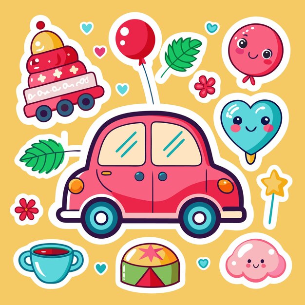 Vector cute cartoon car sticker with cute characters and toys around it