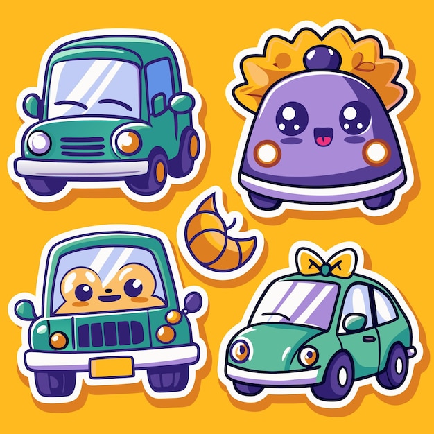 Vector cute cartoon car stickers with different expressions