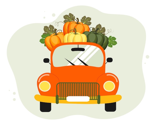 Cute cartoon car with colorful pumpkins. Greeting card, illustration, vector