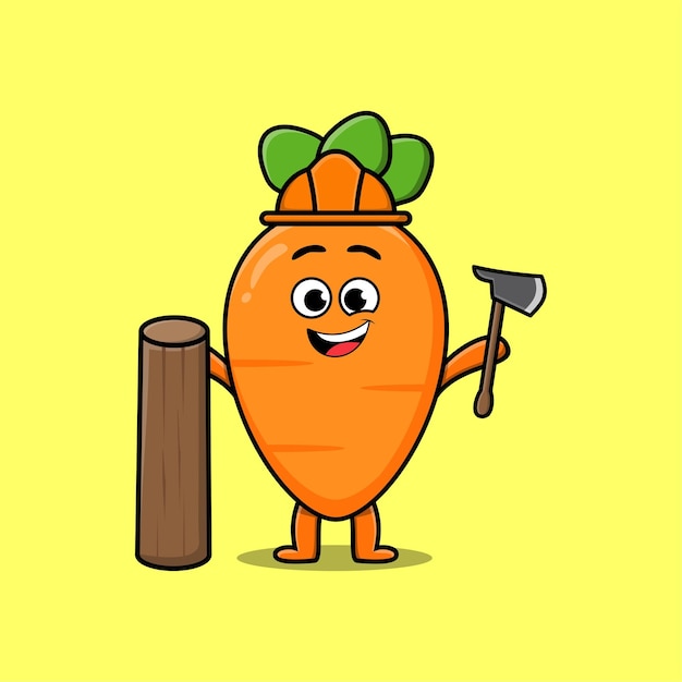 Cute cartoon carrot as carpenter character with ax and wood in flat modern style design